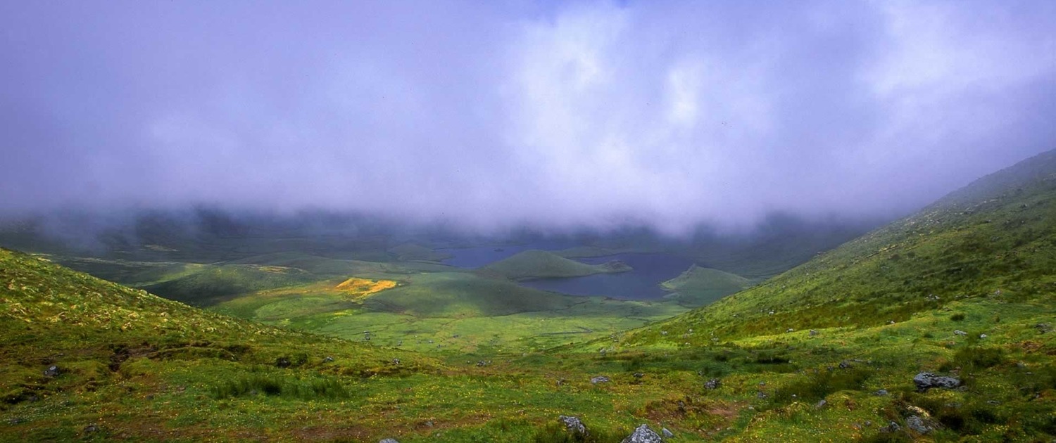 Cratère volcanique Caldeirão: forme elliptique, diamètre maximum de 2,3 km, profondeur de 305 m.